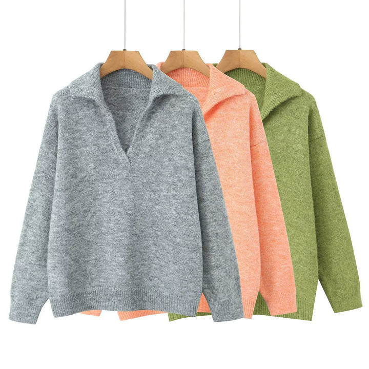 Damen lässiger Strickpullover mit Stehkragen und V-Ausschnitt Drune