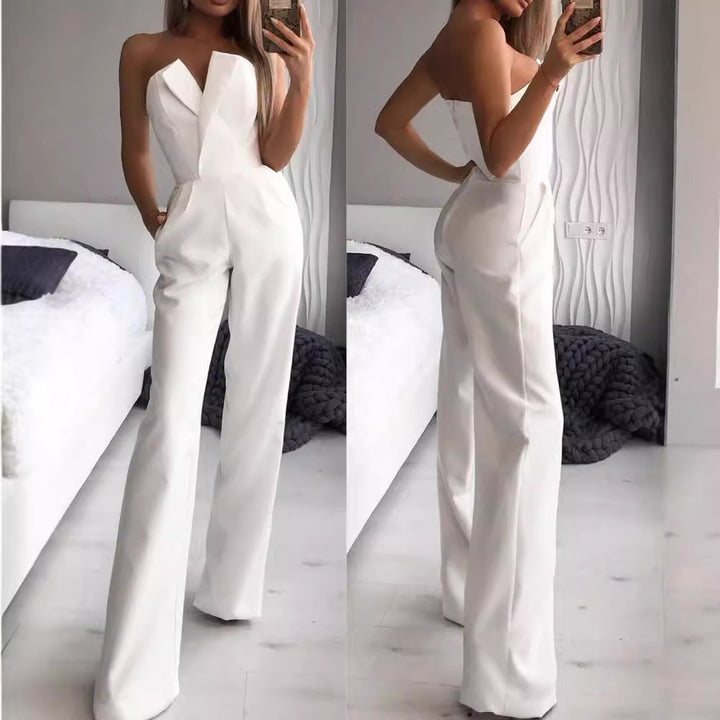 Damen Eleganter Jumpsuit mit tiefem V-Ausschnitt und weitem Bein Drune
