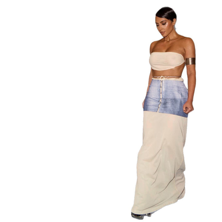 Damen Maxi-Kleid mit transparentem Rock und bauchfreier Oberpartie Drune