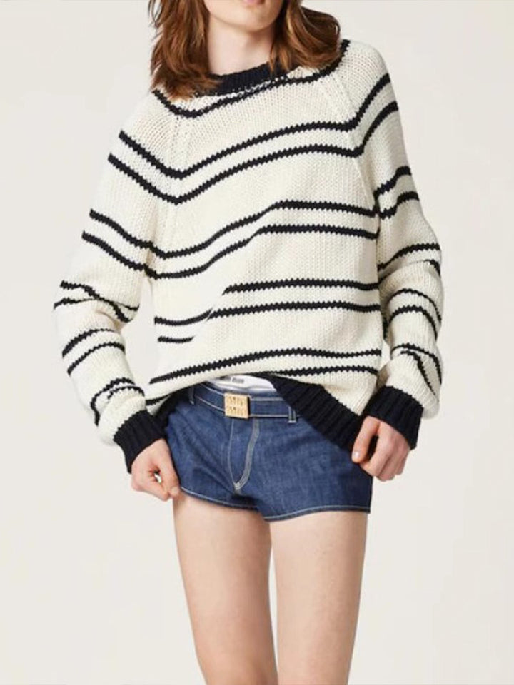 Damen Modischer Streifenpullover aus grobem Strick Drune