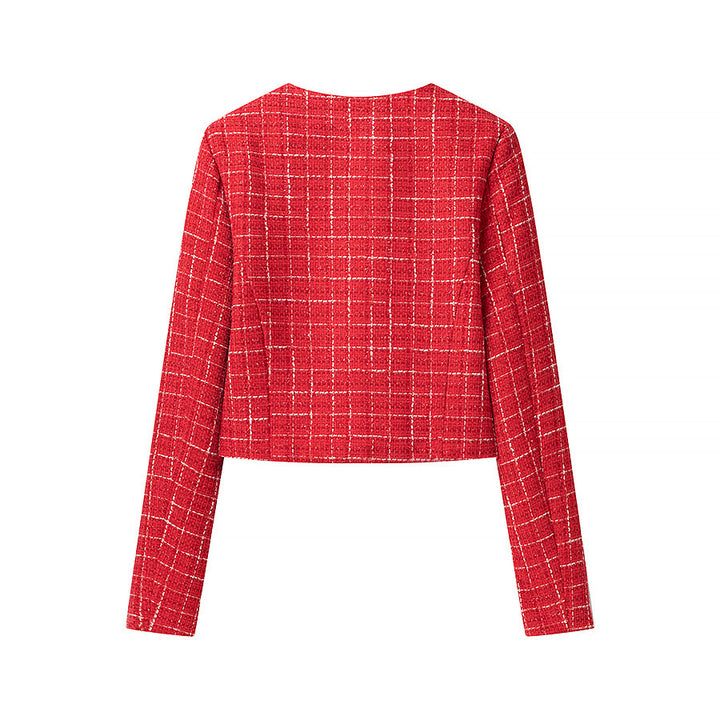 Damen Kurzgeschnittener Bouclé‑Tweed‑Blazer mit Rundhals, Zierknöpfen und aufgesetzten Taschen Drune