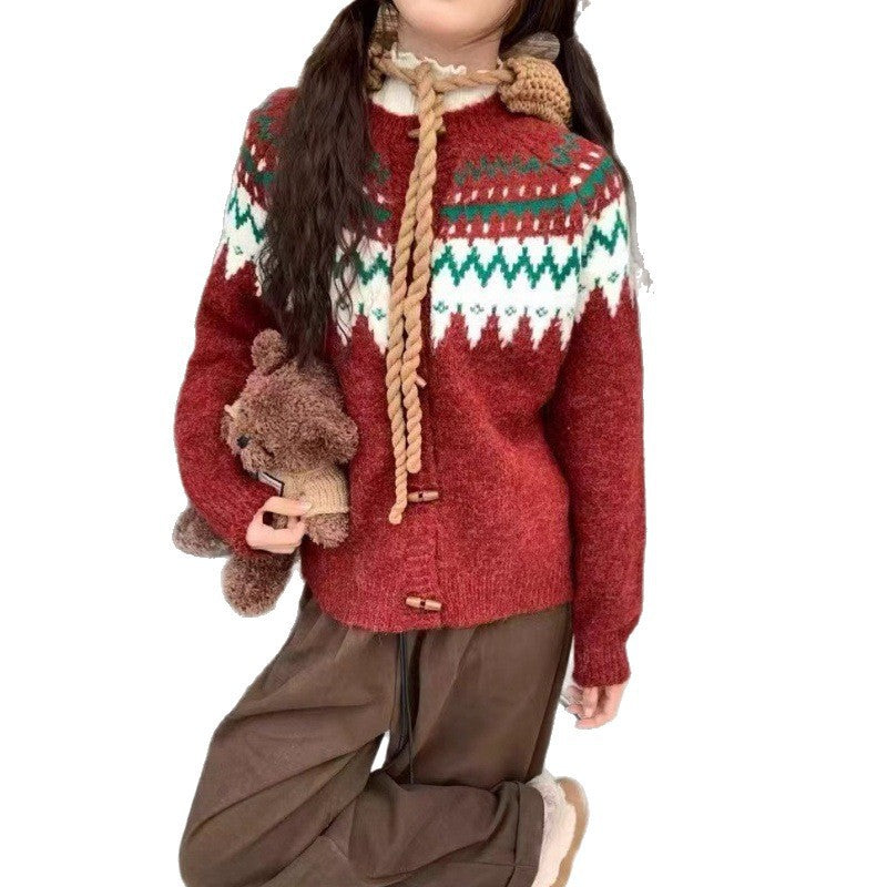 Damen Gemütlicher Strickpullover mit traditionellem Norweger-Muster und Kapuze Drune