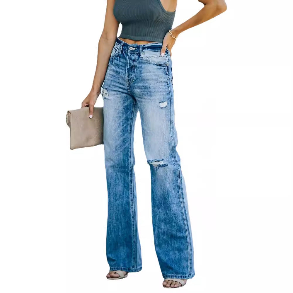 Damen lässige High-Waist Jeans mit weitem Bein Drune