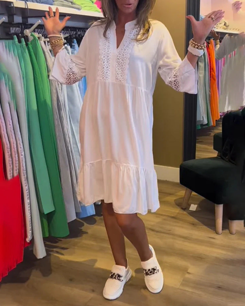 Damen nan lockeres Babydoll-Tunikakleid mit Spitzenpasse, V-Ausschnitt, Stehkragen und Stufenvolant Drune