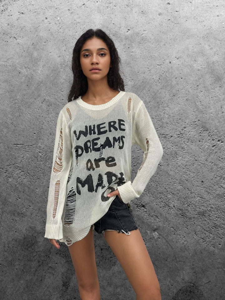 Damen lässiger Oversized Pullover mit auffälligem Schriftzug und Strick-Details Drune