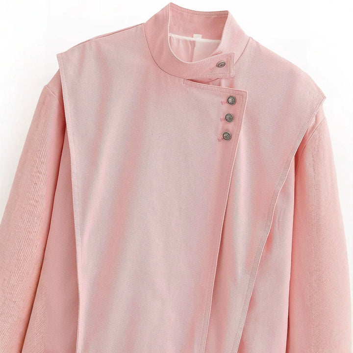 Damen asymmetrische Oversize-Jacke mit hohem Stehkragen und dekorativer Knopfleiste Drune
