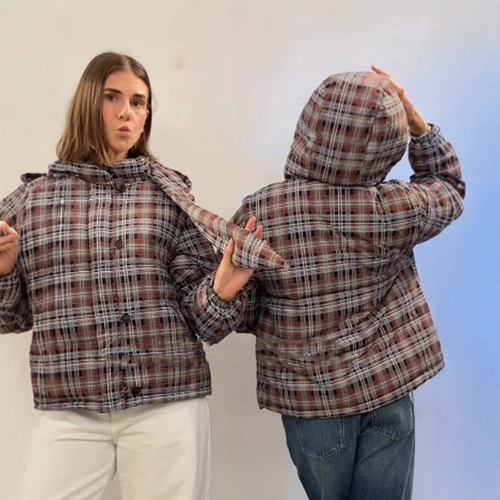 Damen Kurz geschnittene karierte wattierte Boxy-Steppjacke mit integrierter Kapuze und Bindeschal Drune