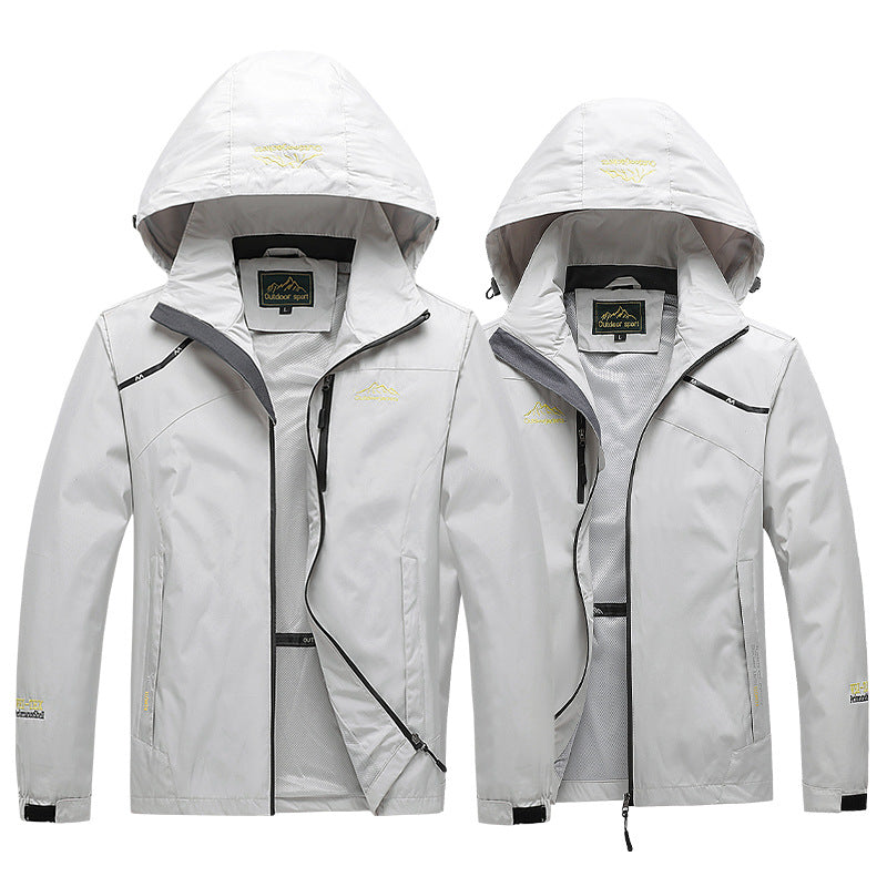 Herren atmungsaktive Softshell-Trekkingjacke mit verstaubarer Kapuze, Netzfutter und multifunktionalen Reißverschlusstaschen Drune