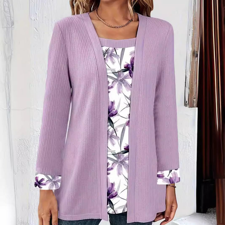 Damen lässiger Cardigan mit floralem Innenfutter und langen Ärmeln Drune