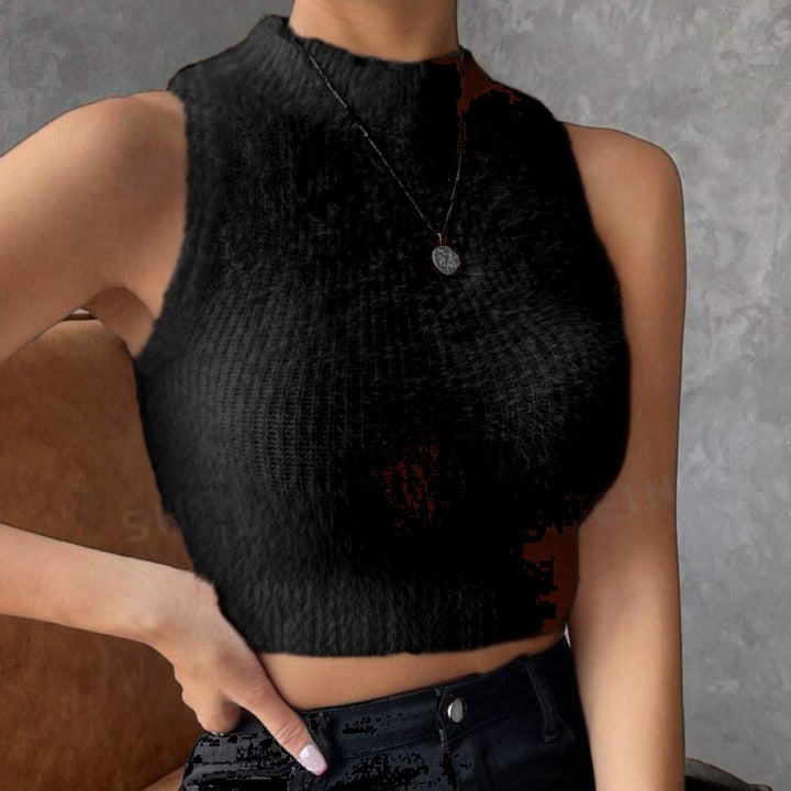 Damen Kurz geschnittenes ärmelloses geripptes Strick-Crop-Top mit Stehkragen Drune