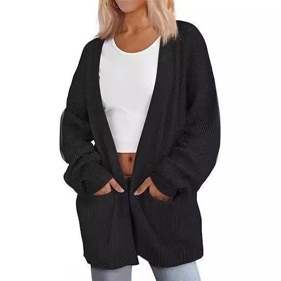 Damen lässige Strickjacke mit weiten Ärmeln und tiefem V-Ausschnitt Drune