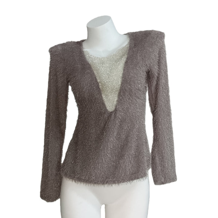 Damen Flauschiges Langarmshirt mit tiefem V‑Ausschnitt und Glitzer-Insert Drune