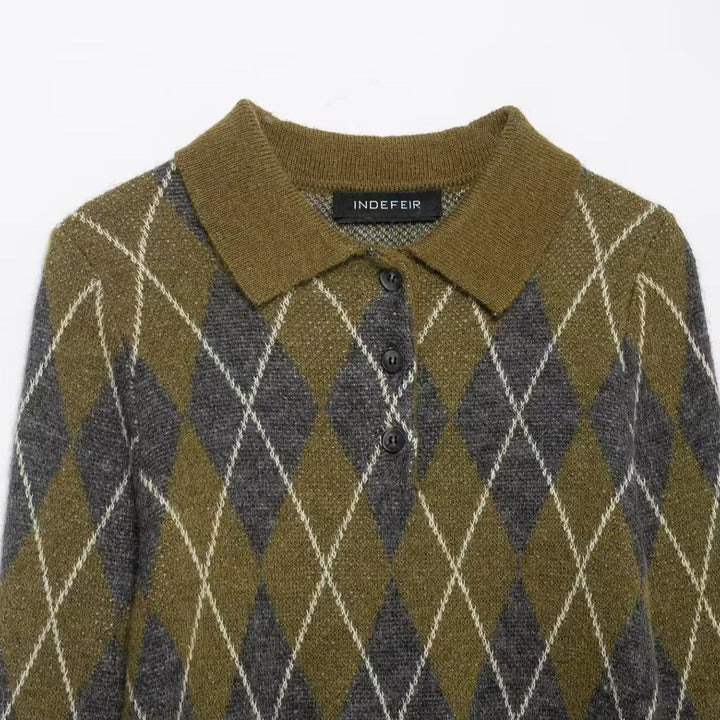 Damen nan Argyle-Polo-Strickpullover mit Cropped-Schnitt, Rippbündchen und Knopfleiste Drune