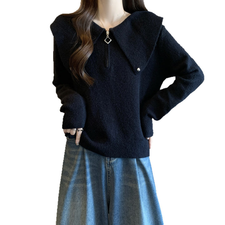 Damen modischer Pullover mit apartem Reißverschluss und großem Kragen Drune