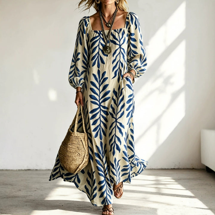 Damen Maxikleid mit quadratischem Ausschnitt, Ballonärmeln und botanischem Print Drune