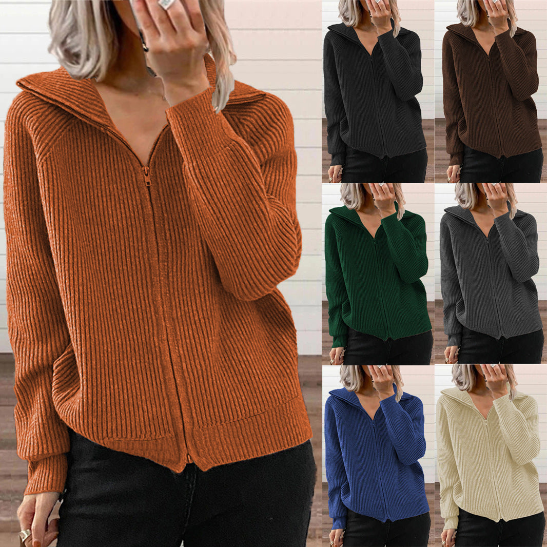 Damen Reißverschluss‑Strickcardigan mit Kapuze, Rippstruktur und Eingrifftaschen Drune