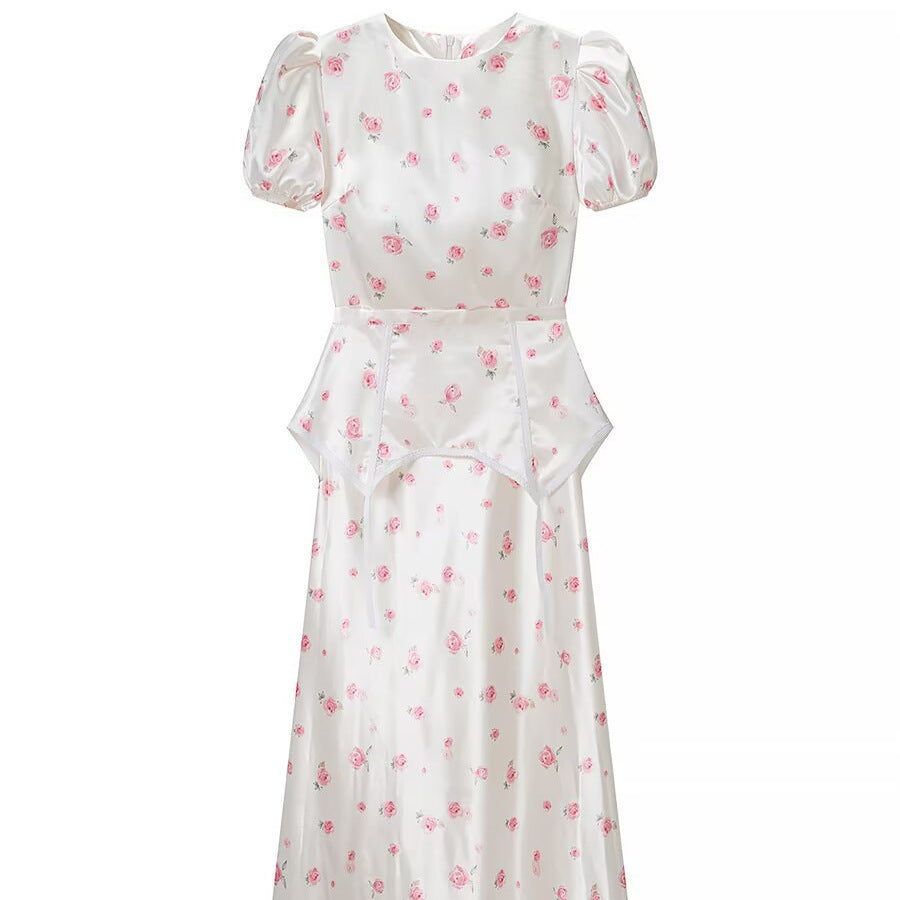 Damen Midikleid aus Satin mit Puffärmeln, integrierter Korsagen-Peplum und zartem Blumenprint Drune