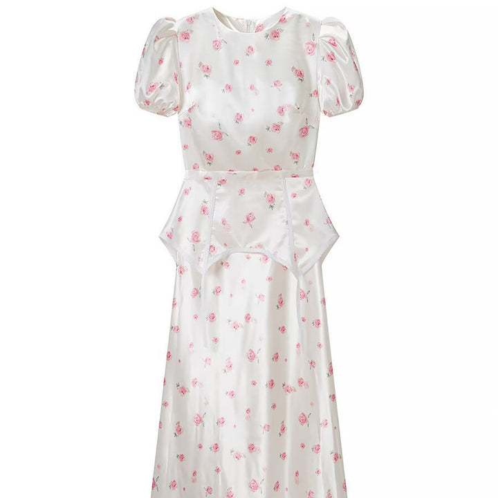 Damen Midikleid aus Satin mit Puffärmeln, integrierter Korsagen-Peplum und zartem Blumenprint Drune