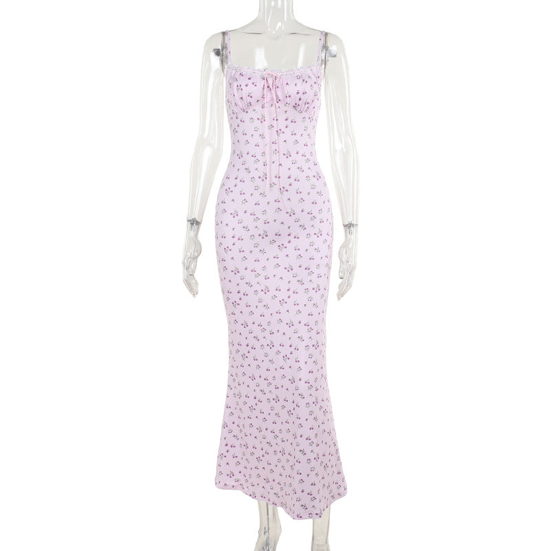 Damen Blumen-Midikleid mit verstellbaren Spaghettiträgern und eleganter Raffung Drune