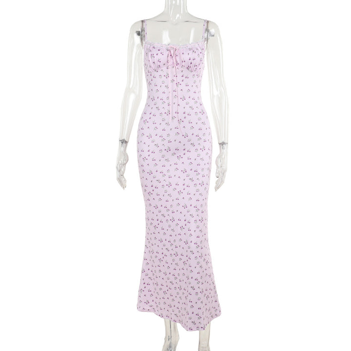 Damen Blumen-Midikleid mit verstellbaren Spaghettiträgern und eleganter Raffung Drune
