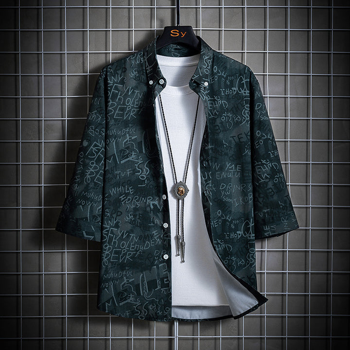Herren Locker geschnittenes Kurzarm-Overshirt mit allover Grafikprint und Hemdkragen Drune