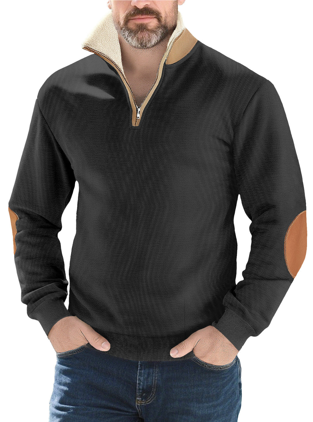 Herren nan Strukturstrick-Halbzipppullover mit wärmendem Sherpa-Kragen und Velours-Ellenbogenapplikation Drune