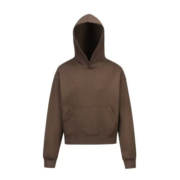 Damen nan kurzgeschnittener Boxy-Kapuzenpullover mit Kängurutasche und geripptem Komfortbund Drune