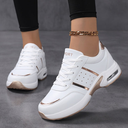 Damen Plateau‑Sneaker mit luftgepolsteter Dämpfung, Lederoptik & Metallic‑Akzenten Drune