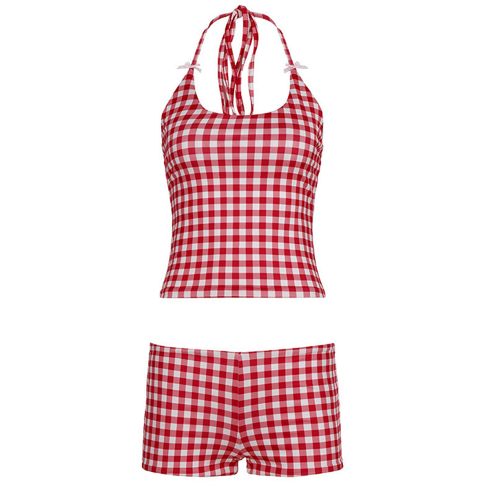 Damen Gingham Muster Badeanzug mit verstellbarem Halter Drune