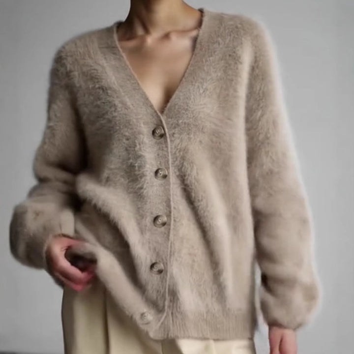Damen Flauschiger Eyelash-Mix Oversize-Cardigan mit V-Ausschnitt und dekorativen Holzknöpfen Drune