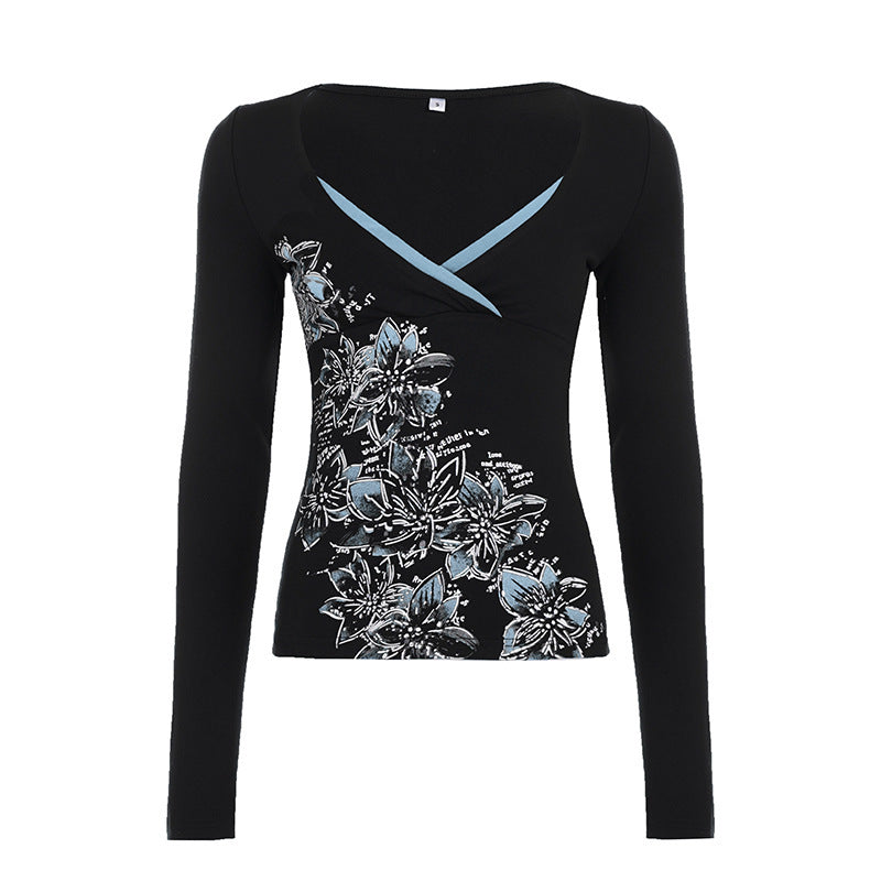 Damen Langarm-Crossover-Top mit V-Ausschnitt, floraler Seitenprint und Kontrastbesatz Drune