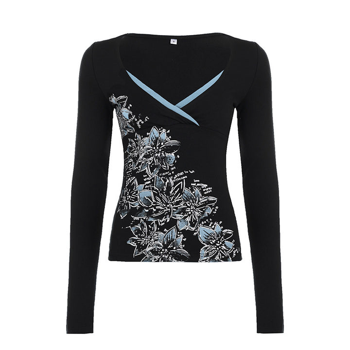 Damen Langarm-Crossover-Top mit V-Ausschnitt, floraler Seitenprint und Kontrastbesatz Drune