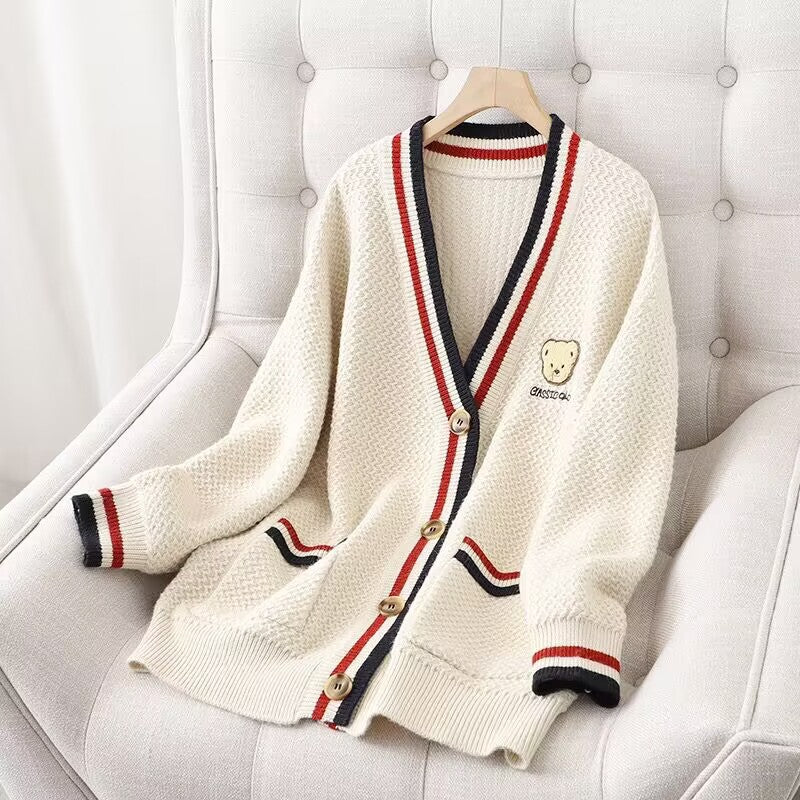 Damen Strickjacke mit Bärenmotiv und Kontraststreifen Drune