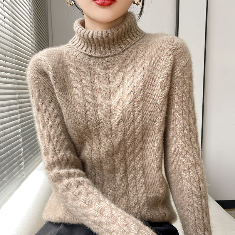 Damen hochgeschlossenes Strickpullover mit Zopfmuster und weichem Material Drune
