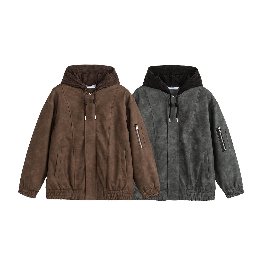 Unisex Boxy-wattierte Kapuzen‑Bomberjacke mit Veloursoptik, Cordkragen und Ärmel‑Zip Drune