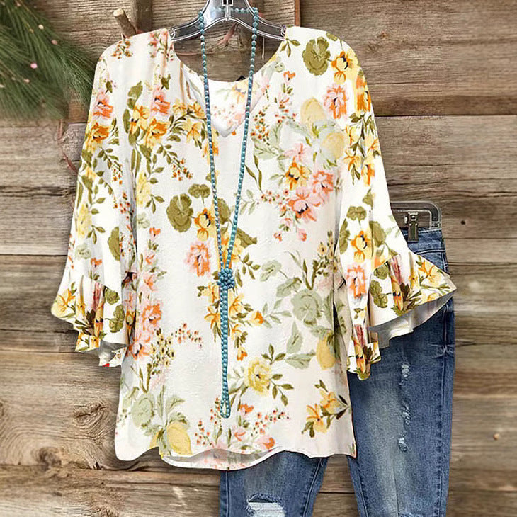 Damen Bluse mit floralem Muster und Rüschendetails Drune