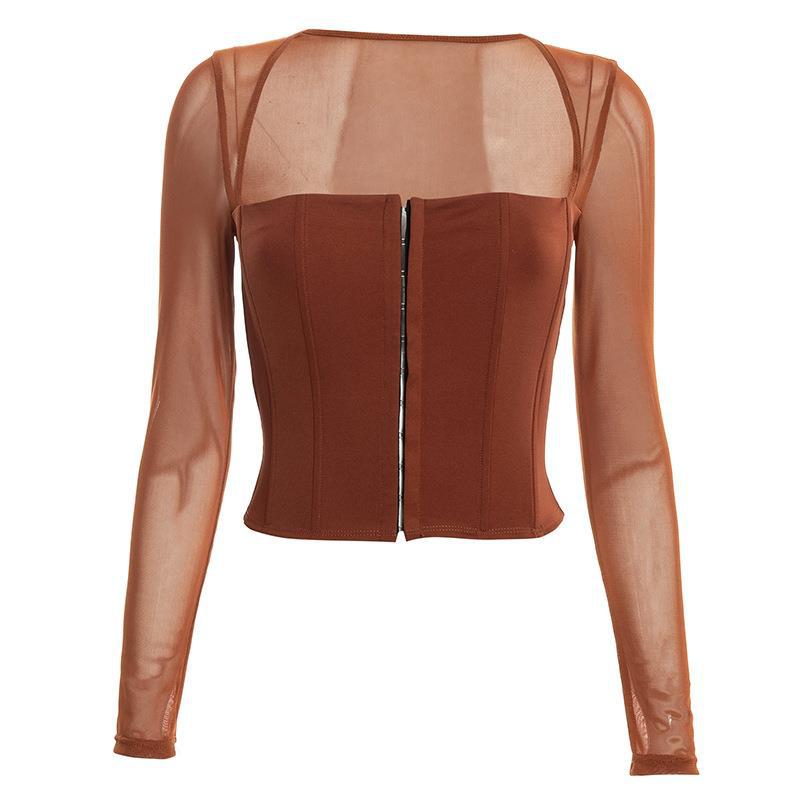 Damen Cropped Oberteil mit transparenten Ärmeln und strukturiertem Schnitt Drune
