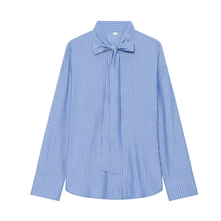 Damen Weite Bluse mit Schluppenkragen und Nadelstreifen Drune