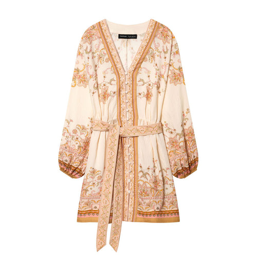 Damen nan besticktes Boho-Minikleid mit tiefem V-Ausschnitt, durchgehender Knopfleiste, taillierendem Bindegürtel und ballonärmeln Drune
