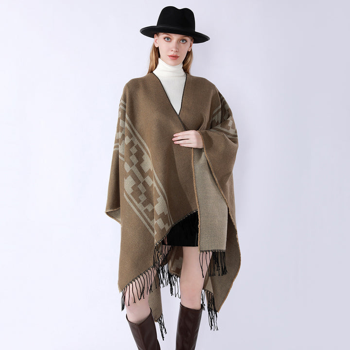 Damen Oversize-Cape mit geometrischem Jacquard, Fransensaum und Wendefunktion Drune