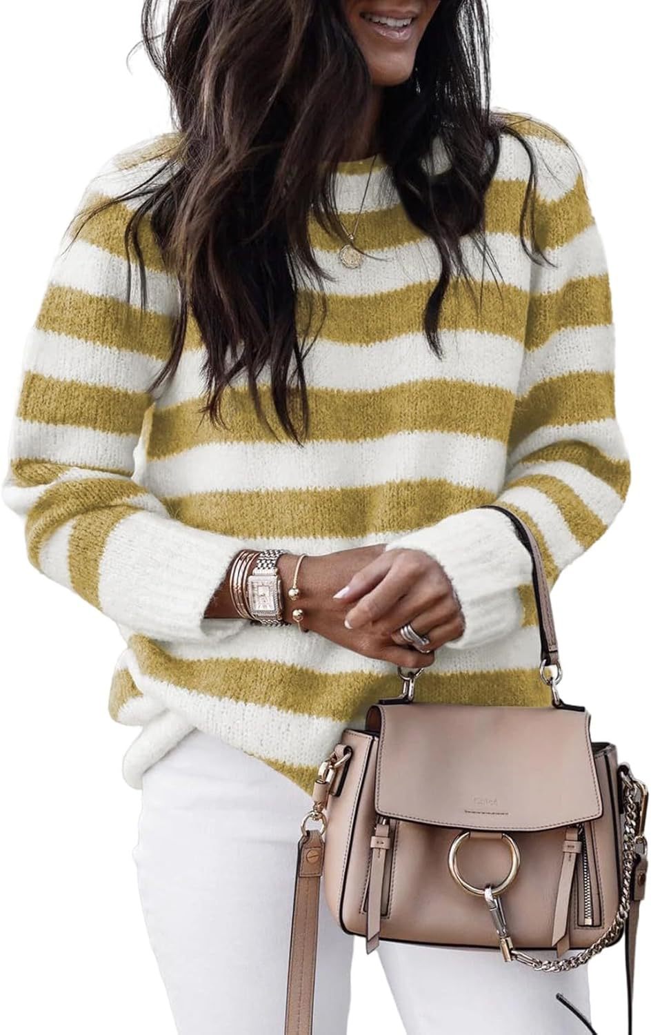 Damen lässiger Strickpullover mit breiten Querstreifen Drune