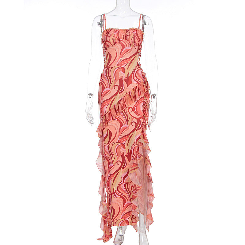 Damen Maxi-Kleid mit Rüschendetails und fließendem Muster Drune