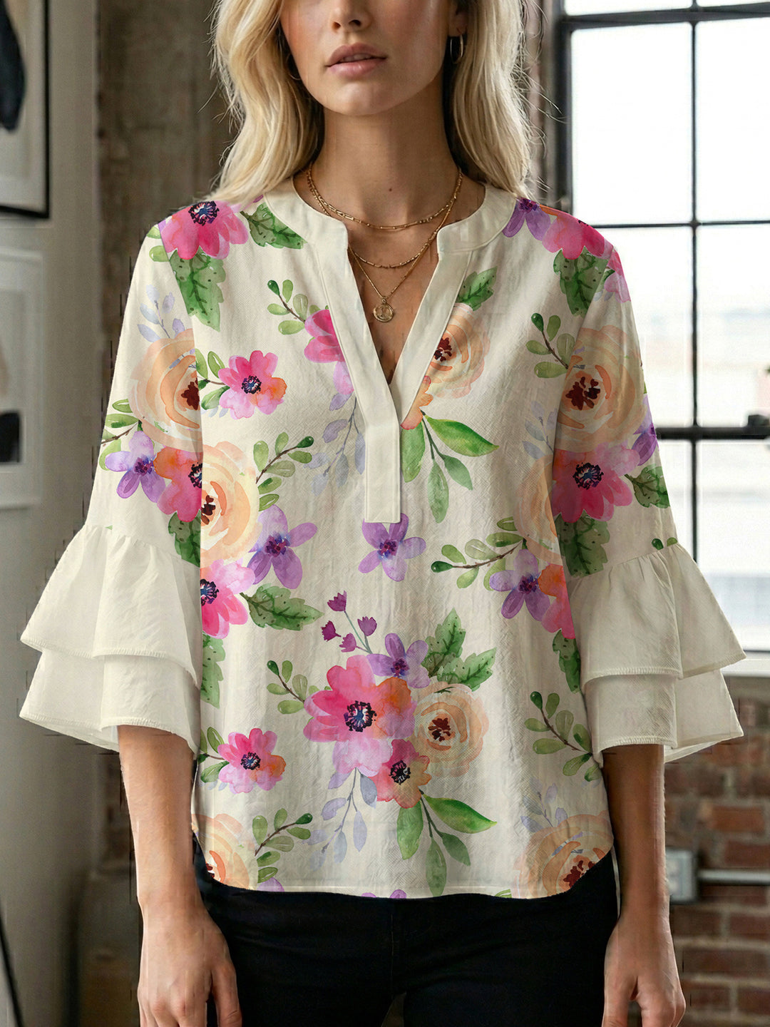Damen Bluse mit voluminösen Ärmeln und floralem Design Drune