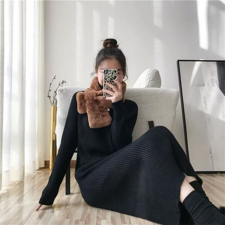 Damen Rippstrickkleid mit hohem Kragen und langem Schnitt Drune