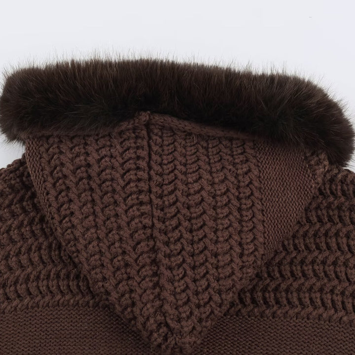 Damen Grobstrick-Cardigan mit Reißverschluss und Kunstfellkapuze Drune