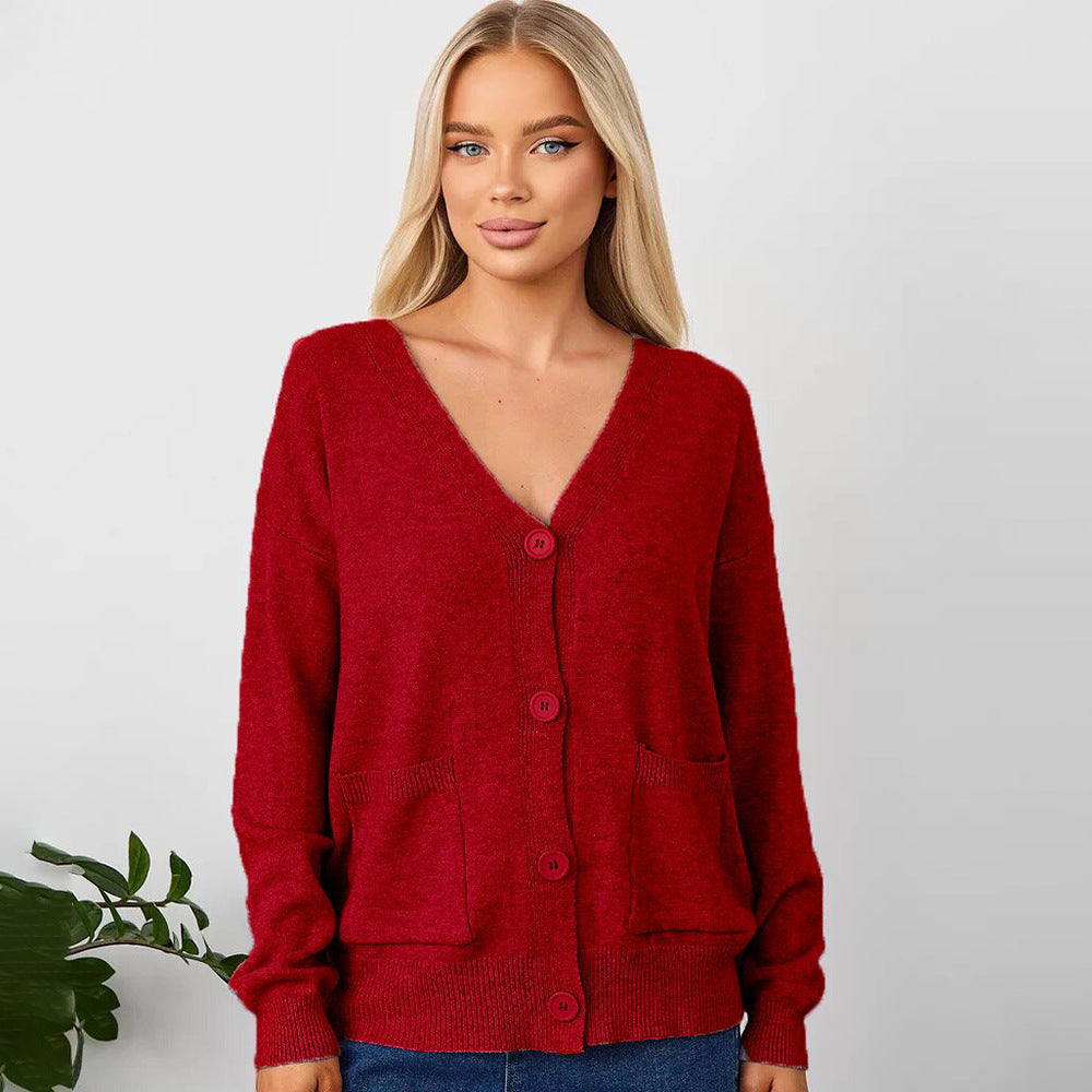 Damen Grobstrick-Cardigan mit tiefem V-Ausschnitt und praktischen Taschen Drune