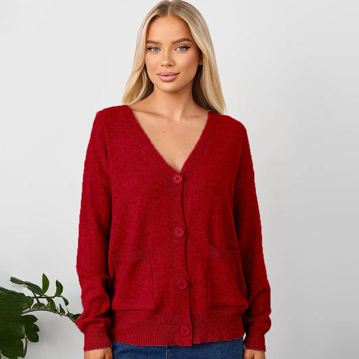 Damen Grobstrick-Cardigan mit tiefem V-Ausschnitt und praktischen Taschen Drune