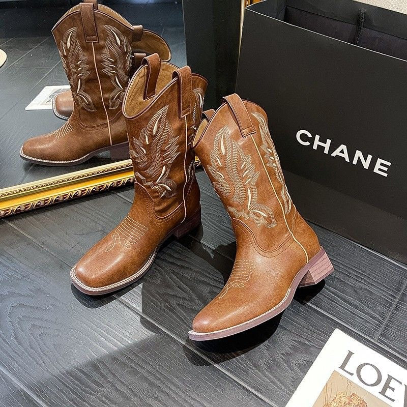 Damen Westernstiefel mit filigraner Stickerei und bequemem Blockabsatz Drune