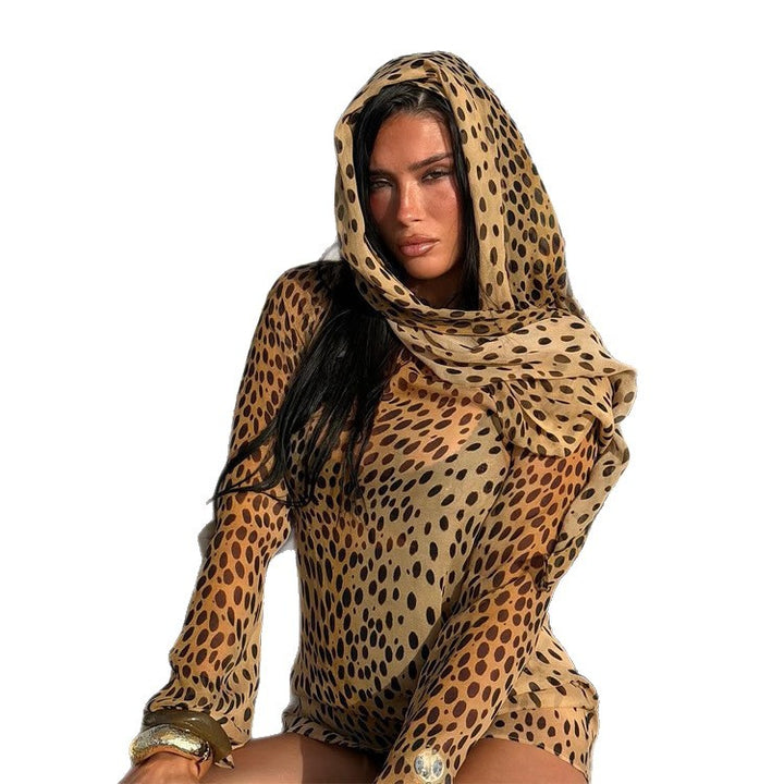 Damen Transparente Chiffon-Bluse mit langem Schalkragen und Animal-Print Drune