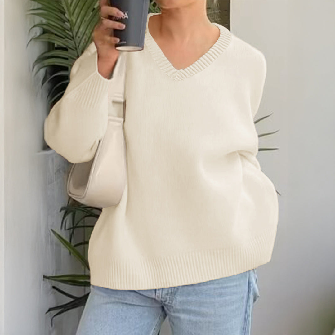 Damen nan oversized V-Ausschnitt Feinstrickpullover mit überschnittener Schulter, langen Kimonärmeln und breitem Rippbund Drune